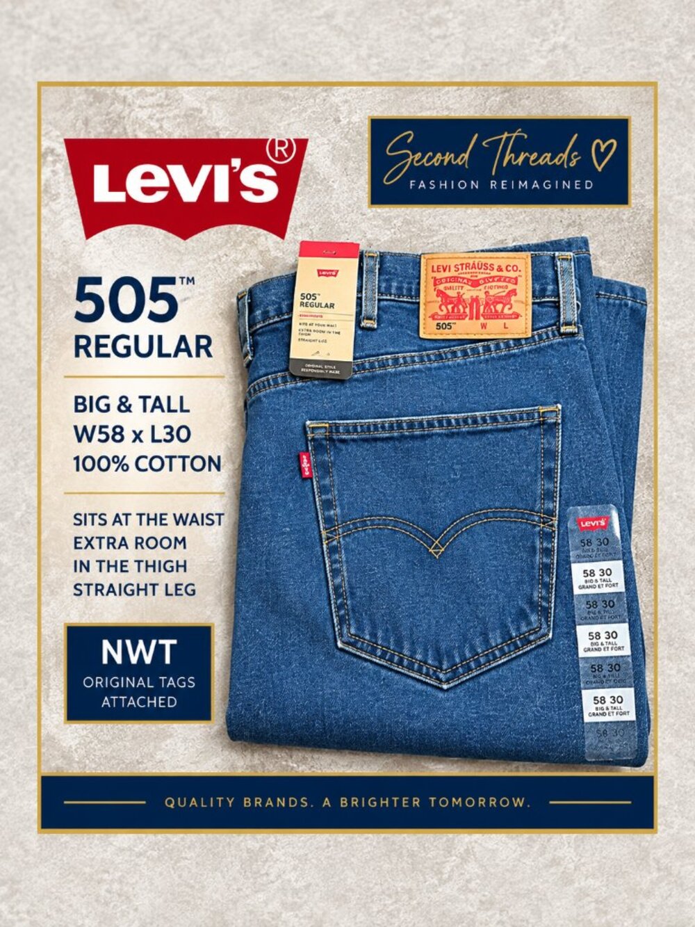 Levi’s 505 Regular Big & Tall Jeans Men’s 58 x 30 NWT